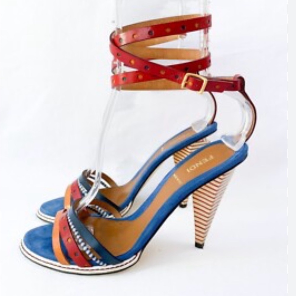 VINTAGE Fendi Multicolor Colorblock Strappy Sandals Heels IT 39.5 Fits US 9. - Picture 2 of 12